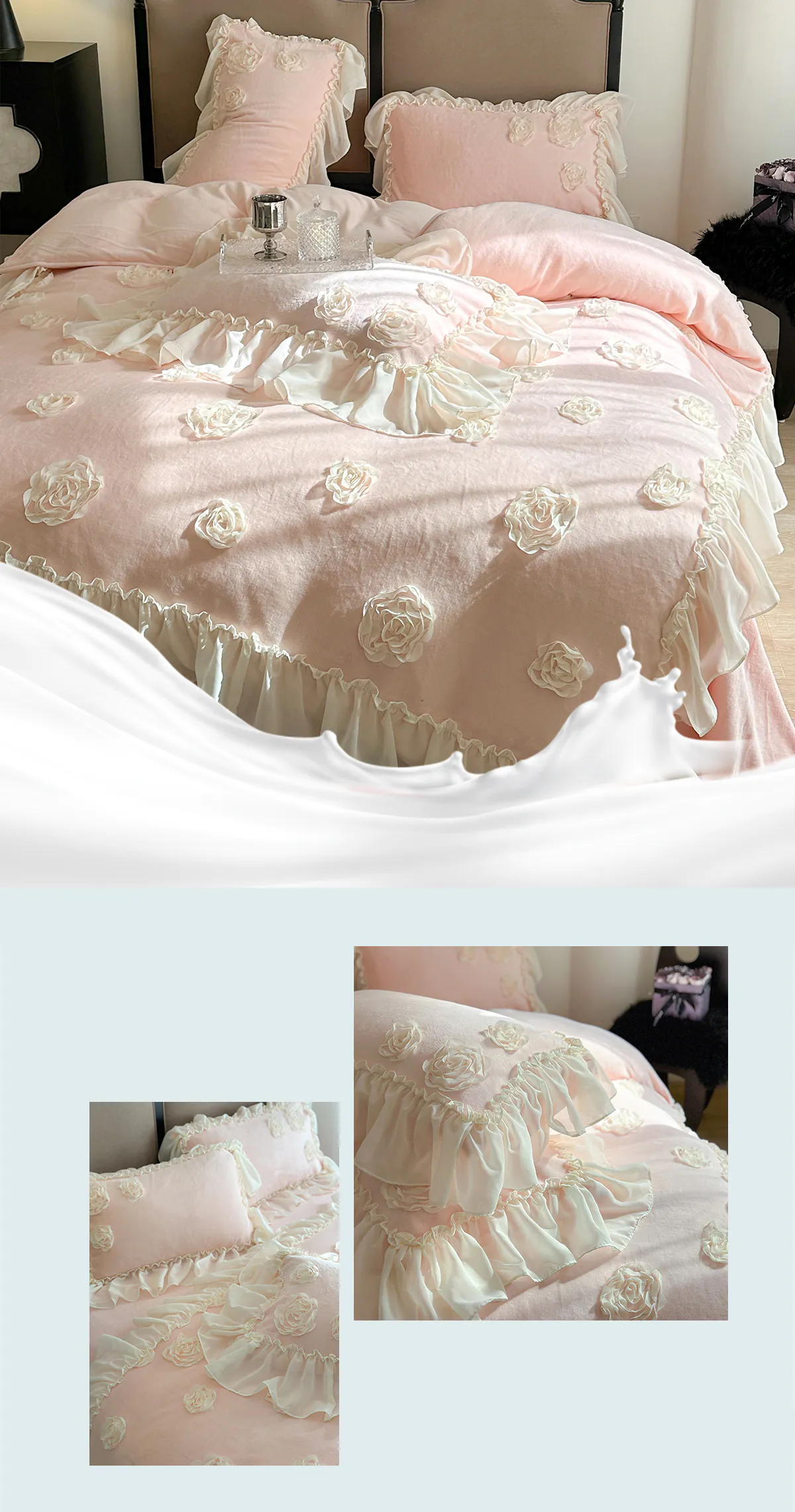 Milk-Velvet-3D-Flower-Ruffle-Chiffon-Lace-Trim-Bedding-4-Pcs-Set13