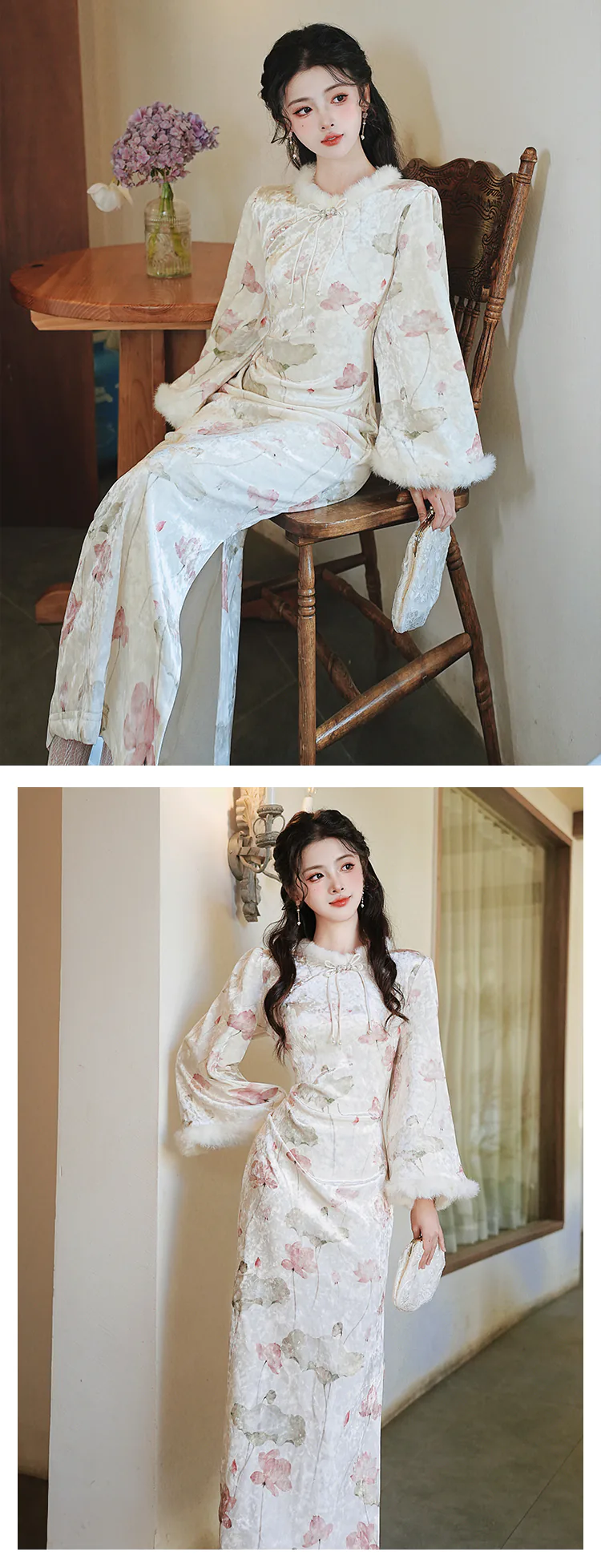 Modern New Chinese Style Plush Lining Autumn Winter Qipao Dress (Size: M)
