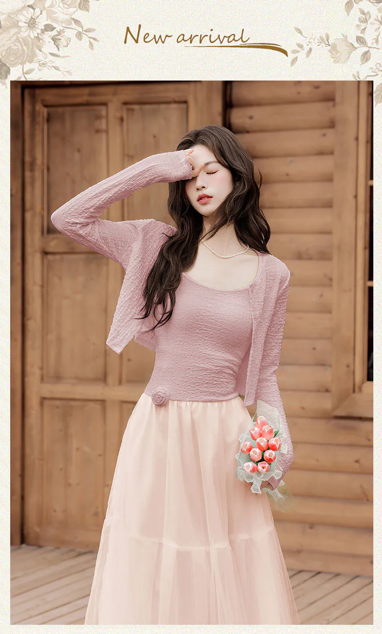 Modest Sweet Pink Cami Dress with Cardigan Summer Work Casual Outfit (Size: M) Modest Sweet Pink Cami Dress with Cardigan Summer Work Casual Outfit (Size: M)