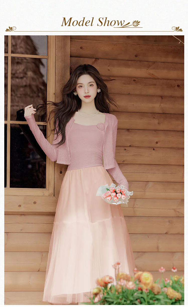 Modest Sweet Pink Cami Dress with Cardigan Summer Work Casual