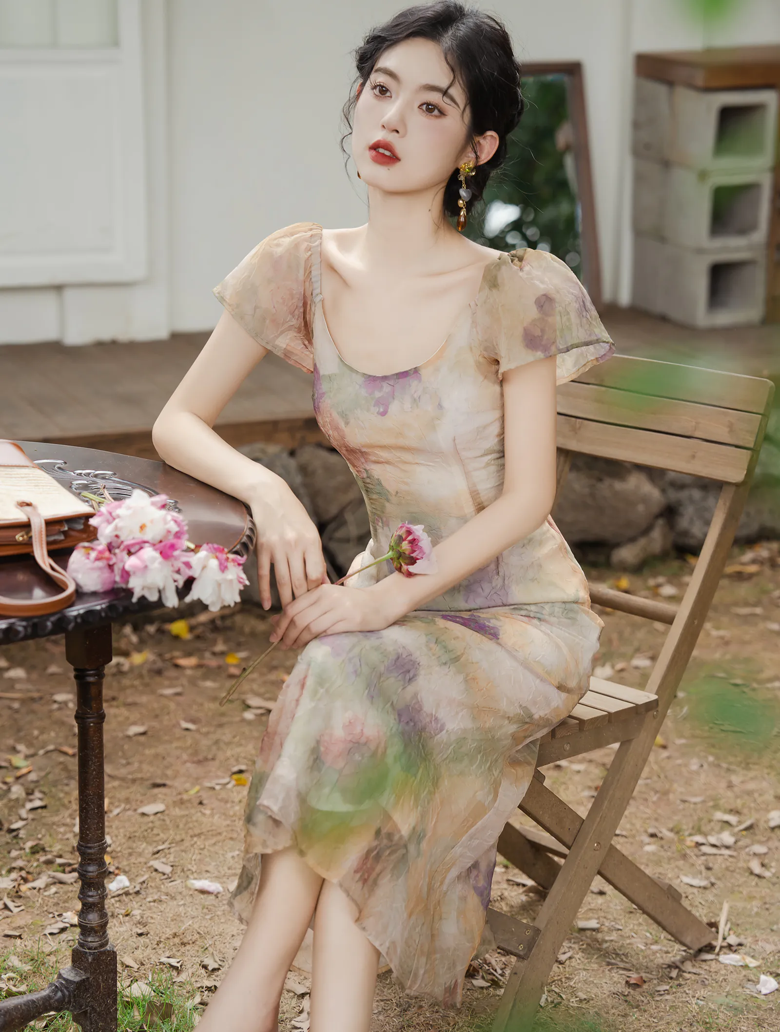 Oil Painting Smudged Short Sleeve Pleated Summer Outdoor Casual Dress02