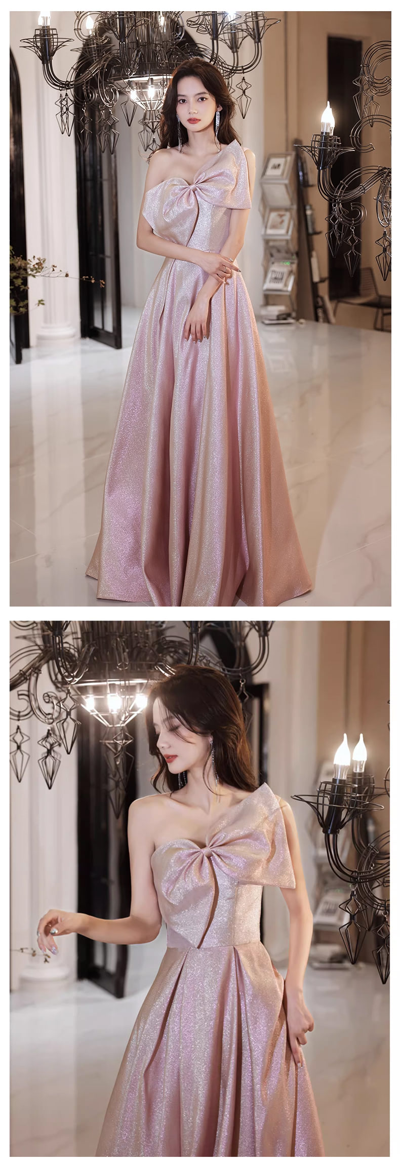 Pink-One-Shoulder-Evening-Dress-Sleeveless-Bow-Cocktail-Party-Gown12