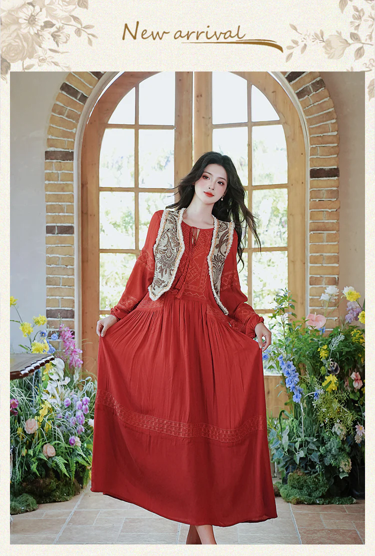 Red-Bohemian-Style-Embroidery-Dress-with-Vest-Casual-Vacation-Outfits07