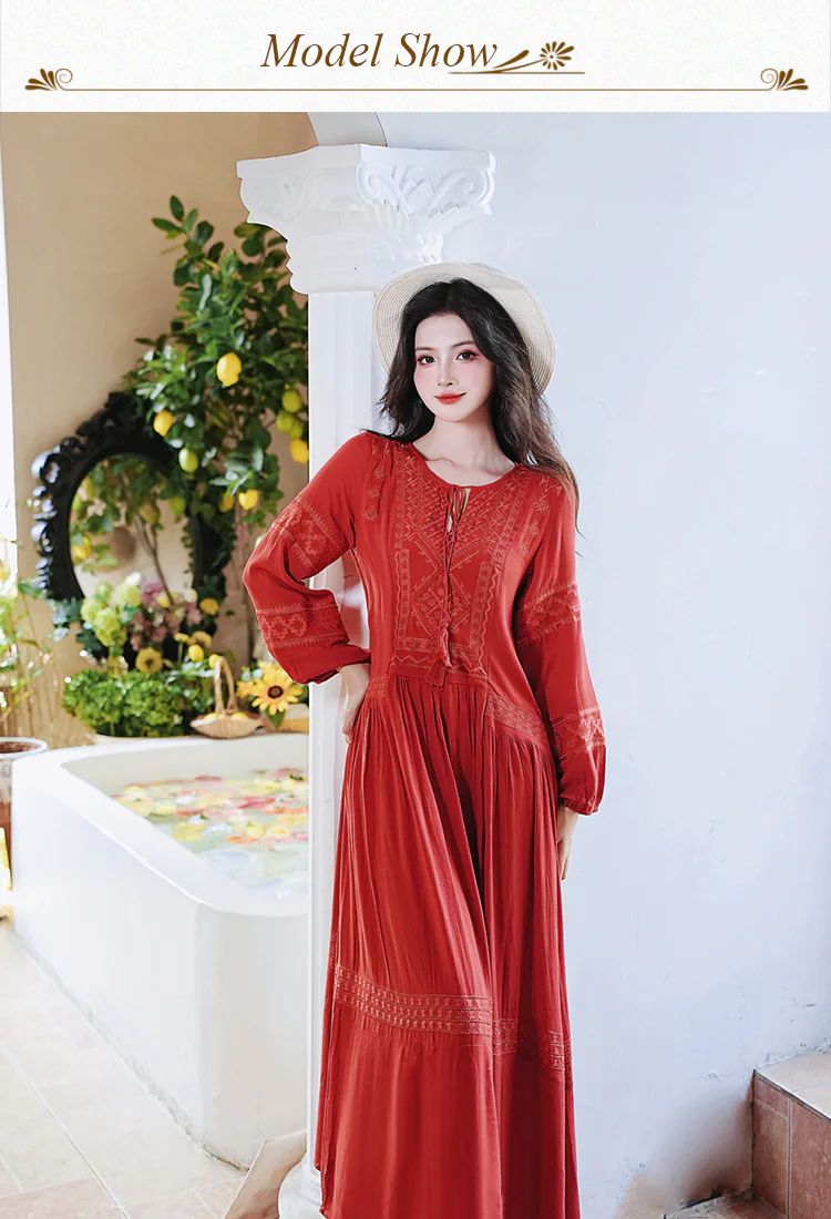 Red-Bohemian-Style-Embroidery-Dress-with-Vest-Casual-Vacation-Outfits10