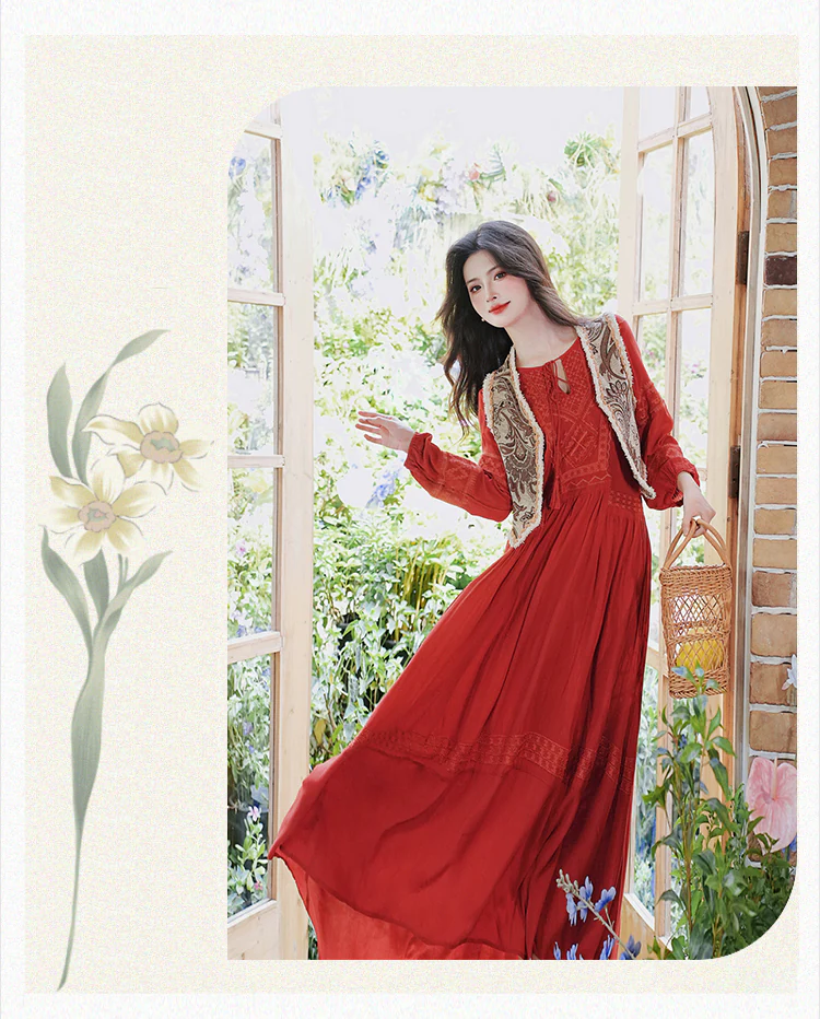 Red-Bohemian-Style-Embroidery-Dress-with-Vest-Casual-Vacation-Outfits11