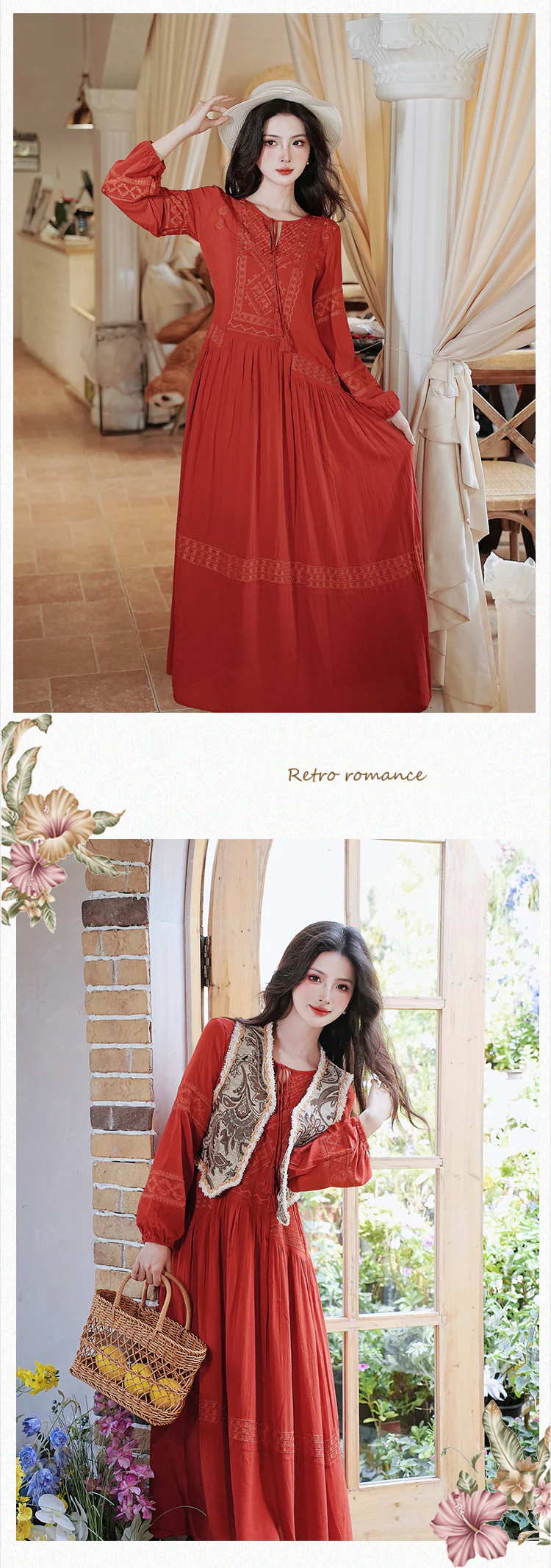 Red-Bohemian-Style-Embroidery-Dress-with-Vest-Casual-Vacation-Outfits12