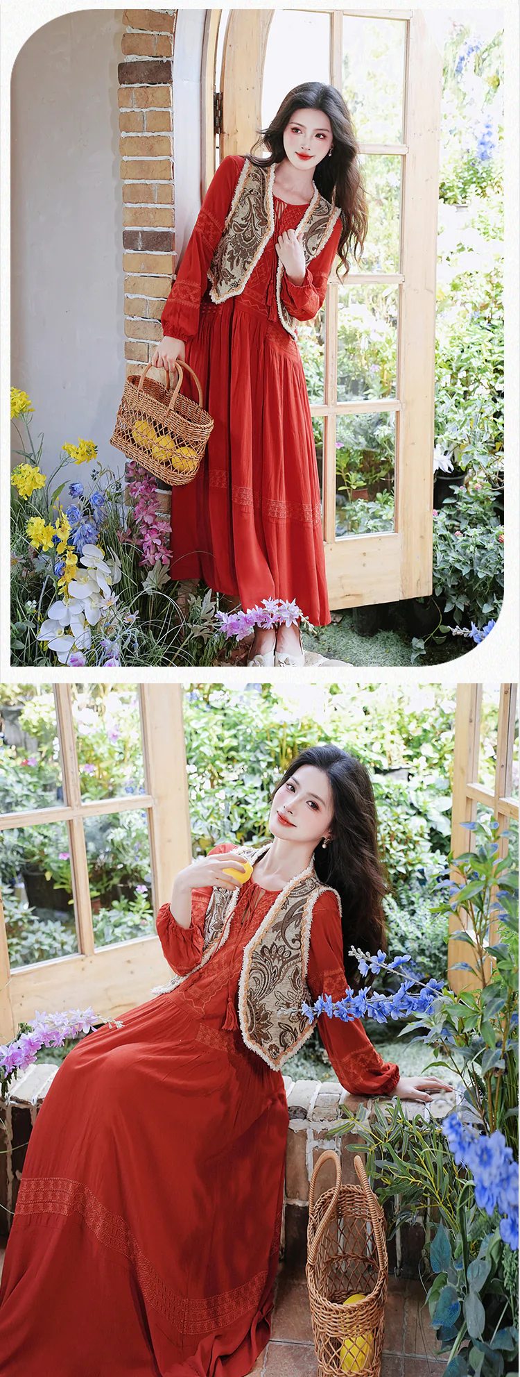 Red-Bohemian-Style-Embroidery-Dress-with-Vest-Casual-Vacation-Outfits14