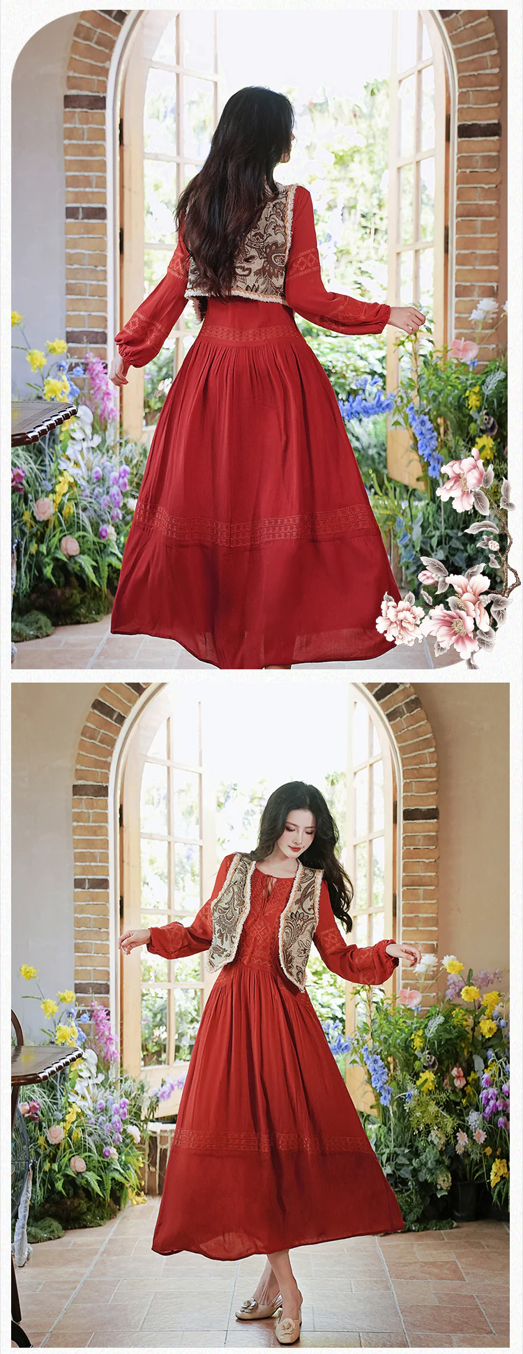 Red-Bohemian-Style-Embroidery-Dress-with-Vest-Casual-Vacation-Outfits16