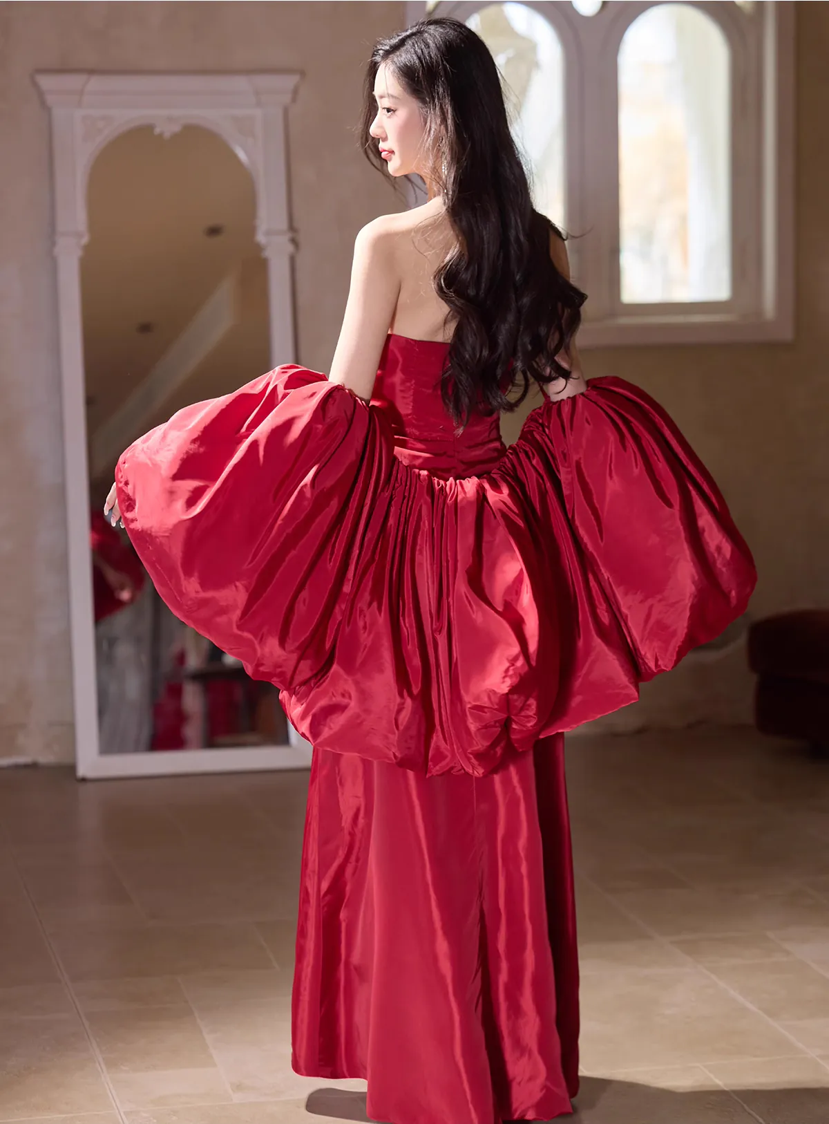 open lace back dress Shop The Elegant Skyla Shirred Midi Dress in Red main image 1