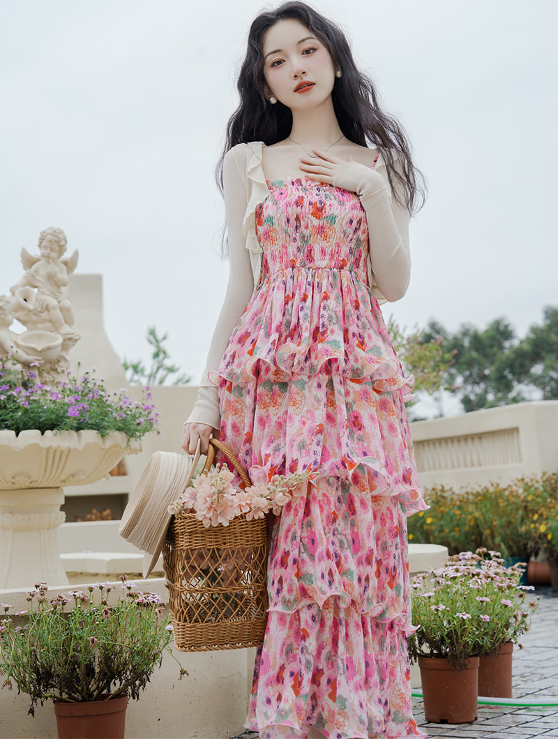 Romantic Pink Floral Ruffle Layered Summer Casual Dress with Cardigan01