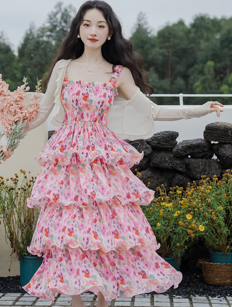 Romantic Pink Floral Ruffle Layered Summer Casual Dress with Cardigan02
