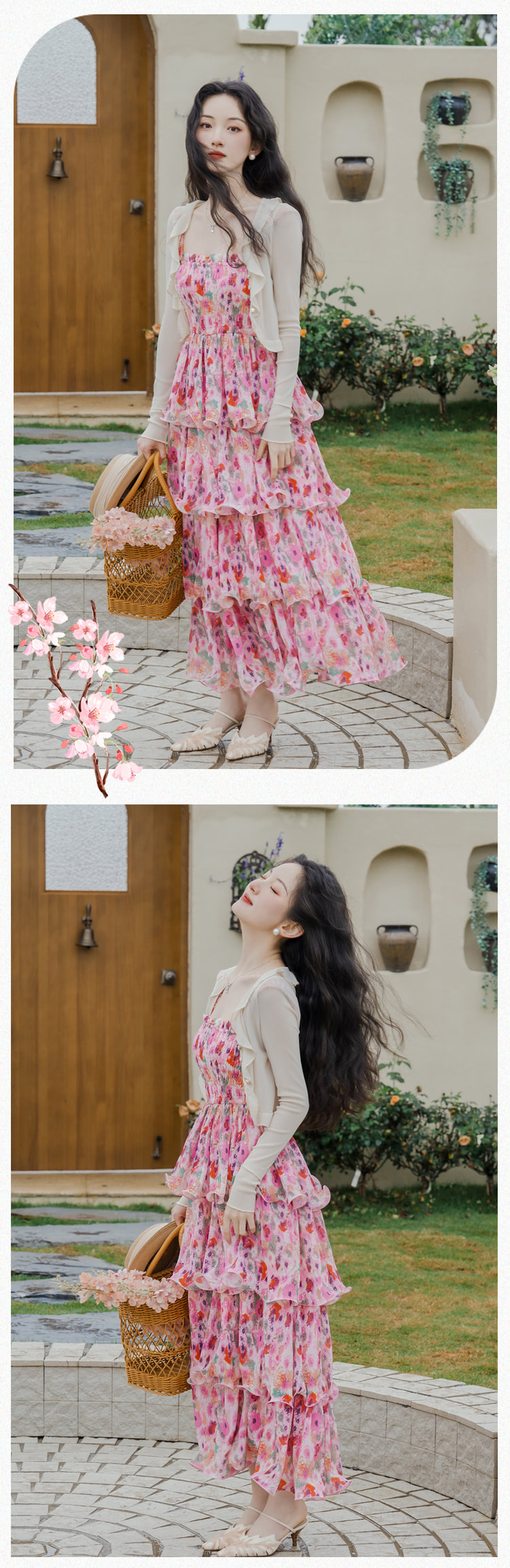 Romantic-Pink-Floral-Ruffle-Layered-Summer-Casual-Dress-with-Cardigan13