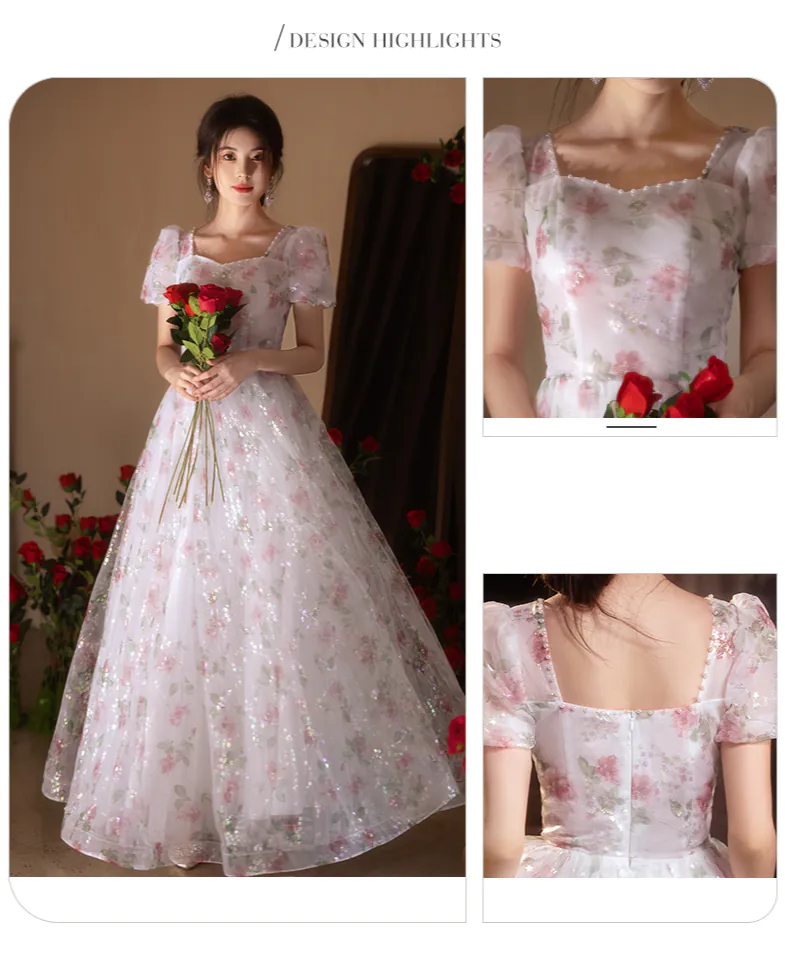 Romantic Princess Floral Tulle Puff Sleeve Evening Party Formal Dress09