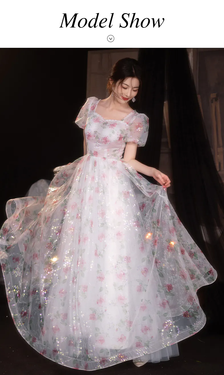 Romantic Princess Floral Tulle Puff Sleeve Evening Party Formal Dress11