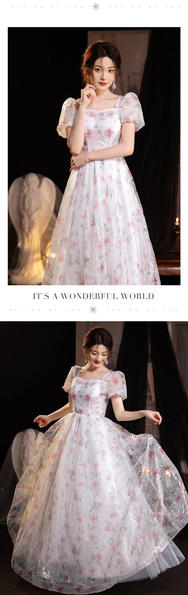 Romantic Princess Floral Tulle Puff Sleeve Evening Party Formal Dress12