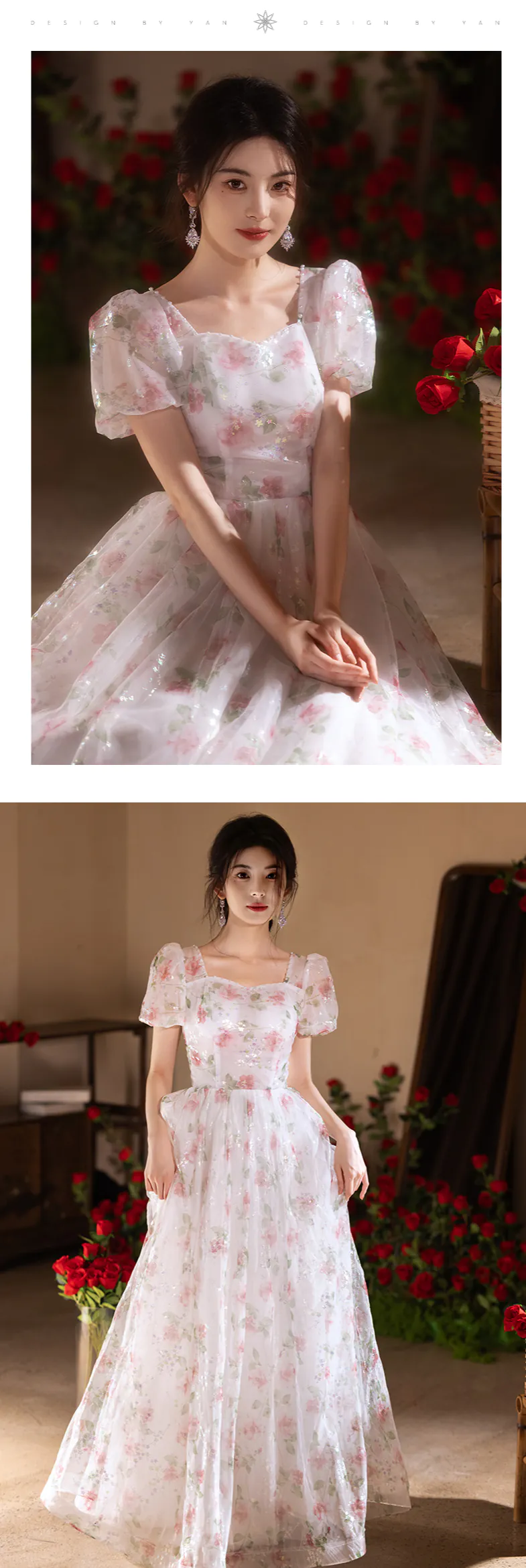 Romantic Princess Floral Tulle Puff Sleeve Evening Party Formal Dress13