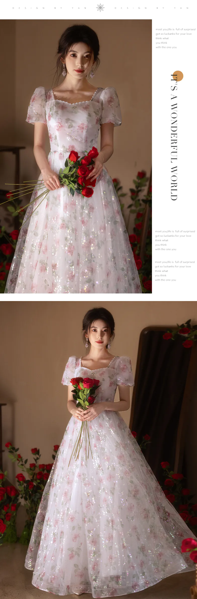 Romantic Princess Floral Tulle Puff Sleeve Evening Party Formal Dress14