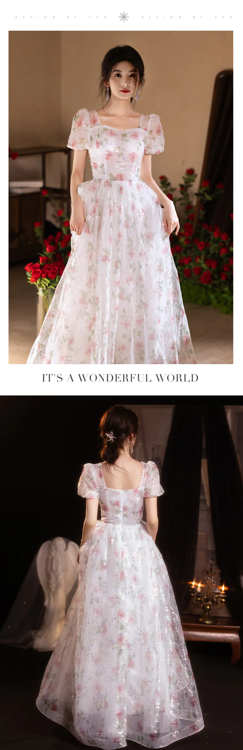 Romantic Princess Floral Tulle Puff Sleeve Evening Party Formal Dress15
