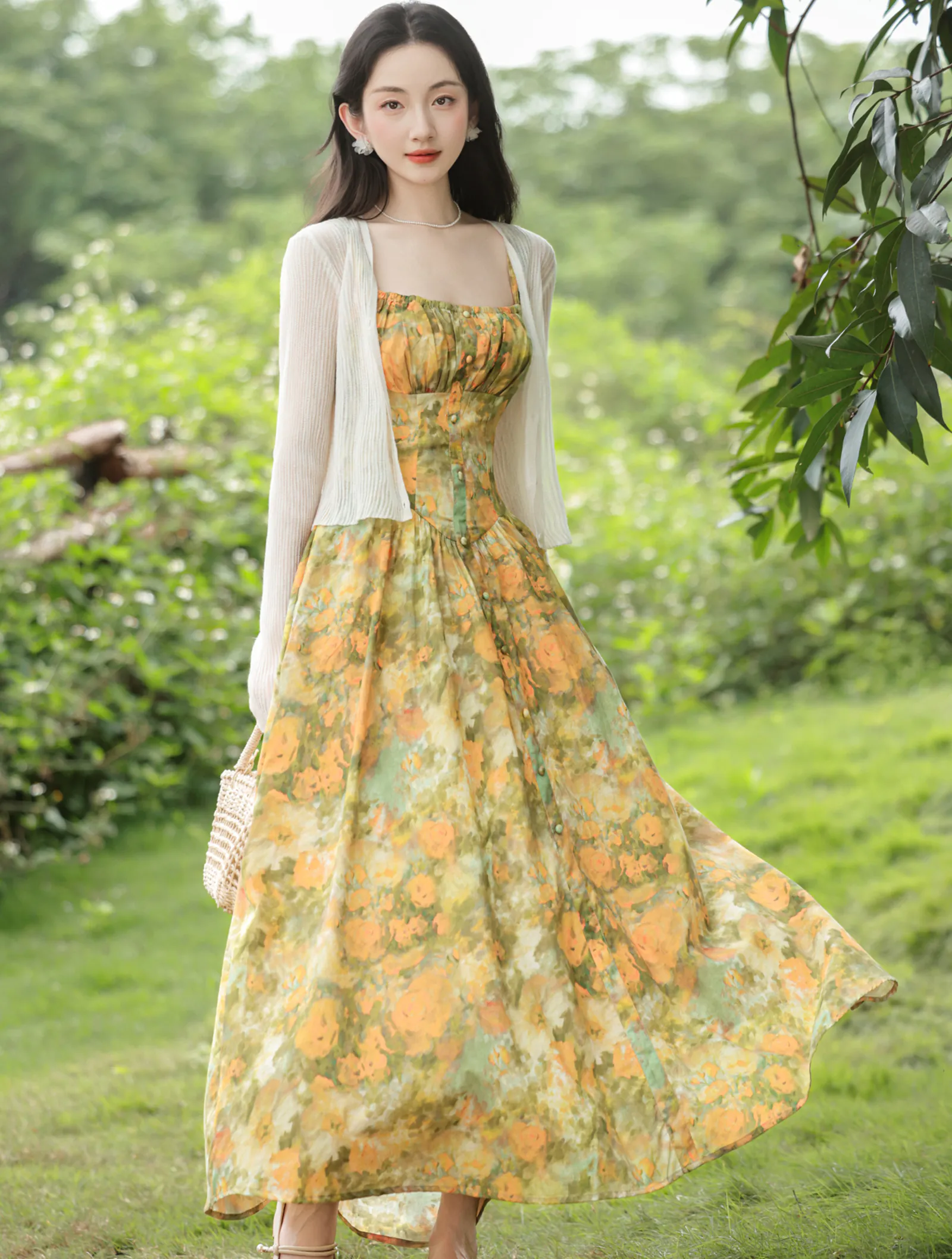 Romantic Tie-Dye Print Flowy Summer Beach Cami Dress with Cardigan