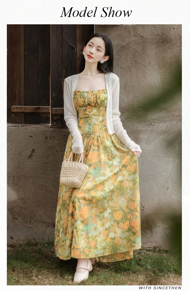 Romantic Tie-Dye Print Flowy Summer Beach Cami Dress with Cardigan