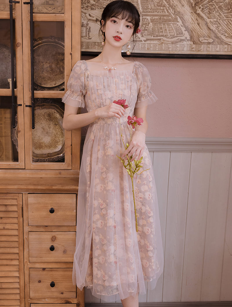 Ruffle Square Neck Bell Sleeve Pink Floral Tulle Casual Maxi Dress01