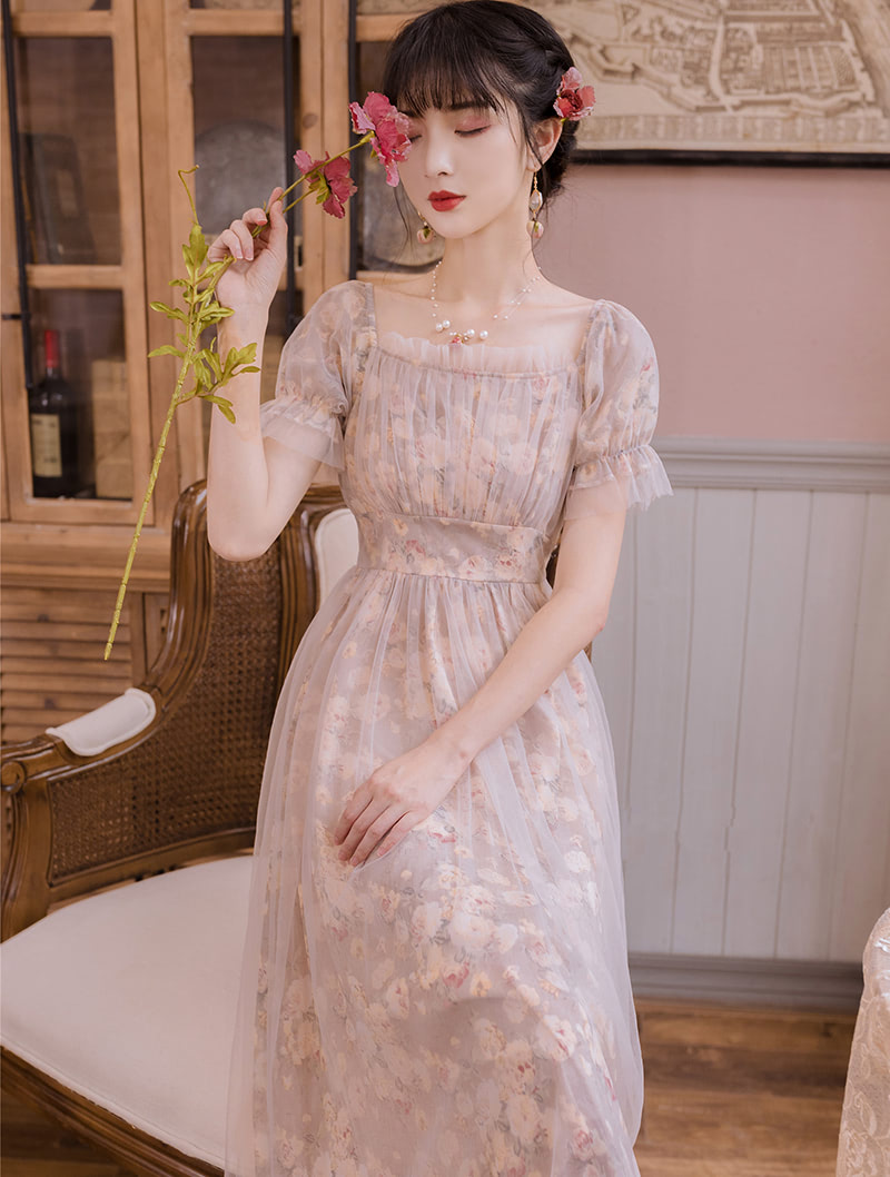 Ruffle Square Neck Bell Sleeve Pink Floral Tulle Casual Maxi Dress02