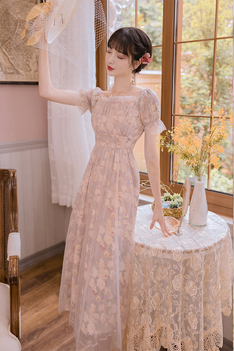 Ruffle-Square-Neck-Bell-Sleeve-Pink-Floral-Tulle-Casual-Maxi-Dress11