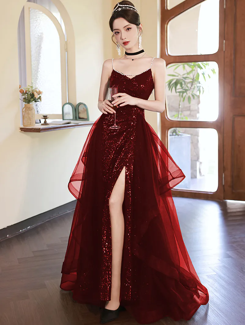Sexy Wine Red Sleeveless Split Formal Cocktail Slip Dress Evening Gown01