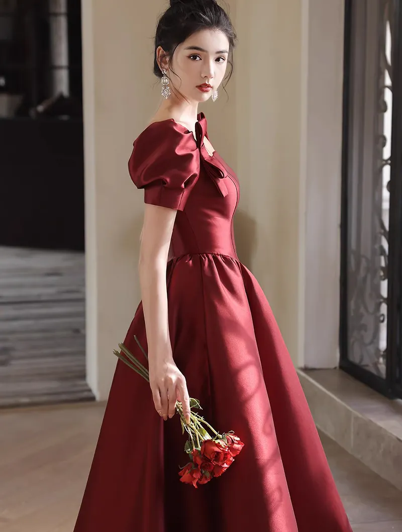 Simple Modest Burgundy Short Sleeve Prom Party Dress Long Formal Gown01