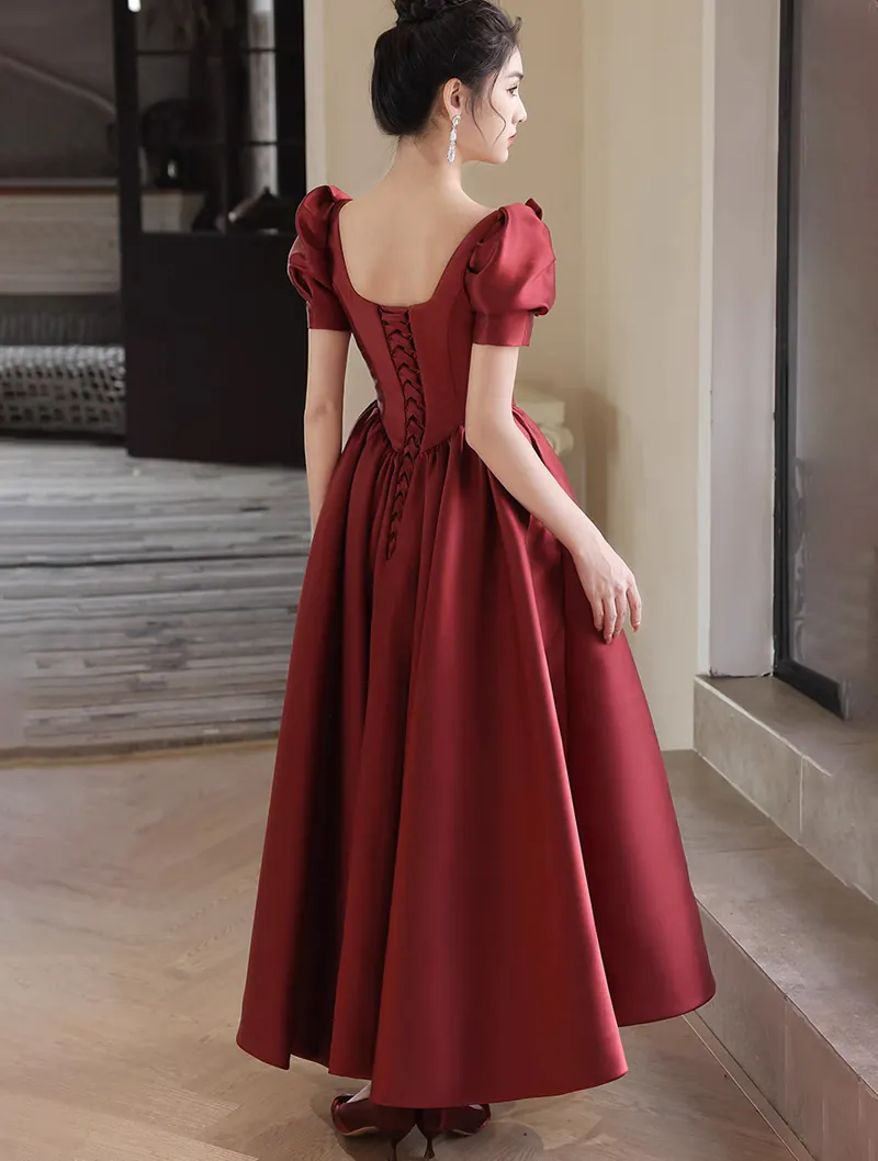 Simple Modest Burgundy Short Sleeve Prom Party Dress Long Formal Gown01