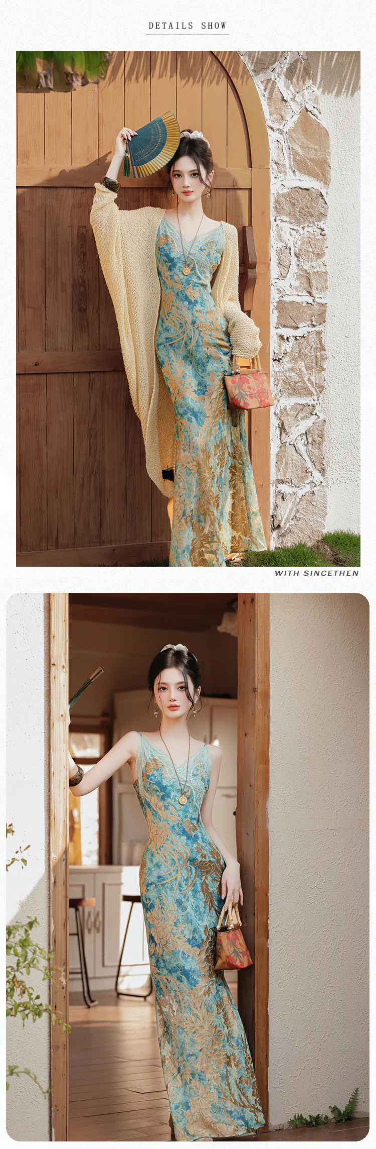 Sweet Floral Patchwork Lace Cami Dress with Crochet Knit Cardigan Set -  FloraShe