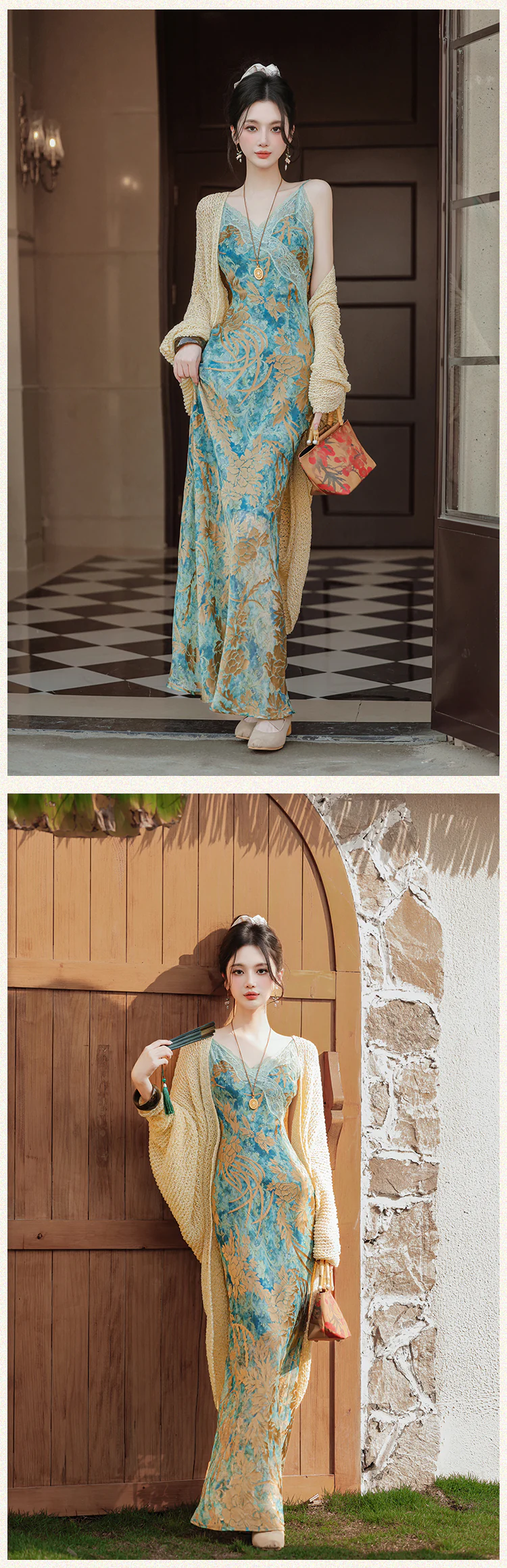 Sweet-Floral-Patchwork-Lace-Cami-Dress-with-Crochet-Knit-Cardigan-Set13