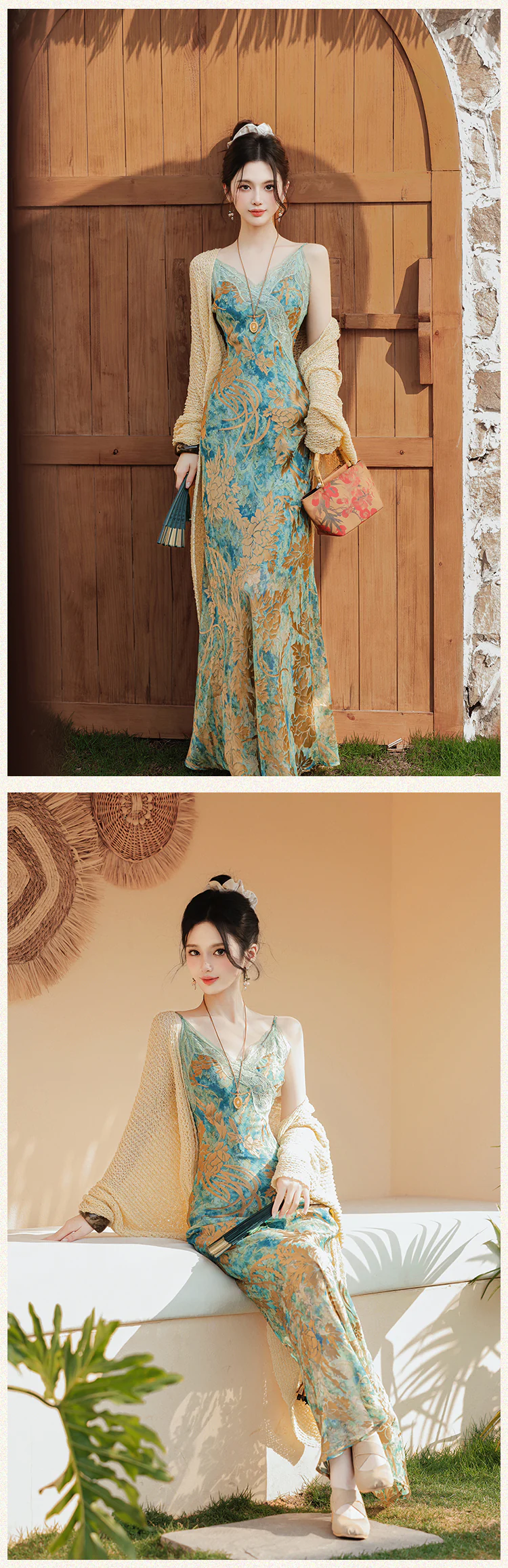 Sweet Floral Patchwork Lace Cami Dress with Crochet Knit Cardigan Set (Size: L) Sweet Floral Patchwork Lace Cami Dress with Crochet Knit Cardigan Set (Size: L)