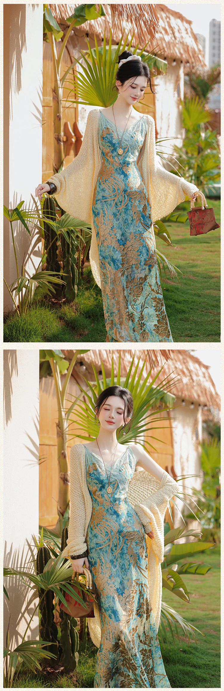 Sweet Floral Patchwork Lace Cami Dress with Crochet Knit Cardigan Set -  FloraShe