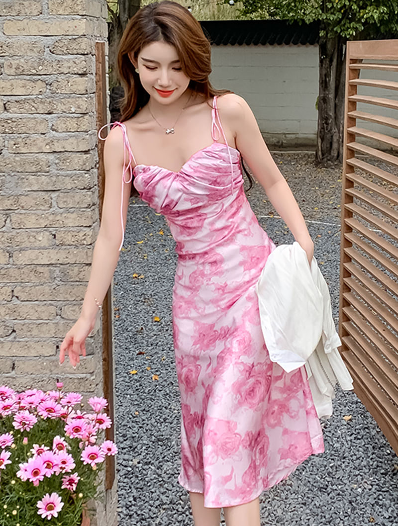 Sweet Floral Printed Satin Summer Casual Slip Dress Beach Wear02