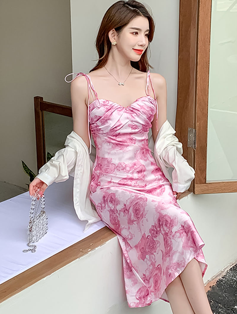 Sweet Floral Printed Satin Summer Casual Slip Dress Beach Wear03