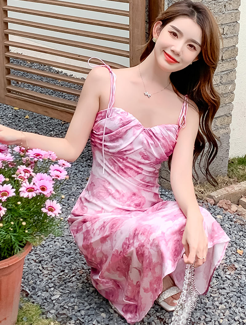 Sweet Floral Printed Satin Summer Casual Slip Dress Beach Wear01