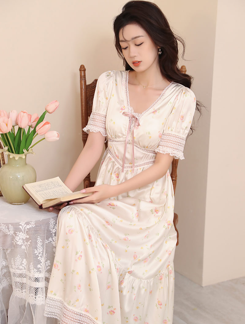 Sweet French Princess Style Printed Short Sleeve Satin Home Wear01