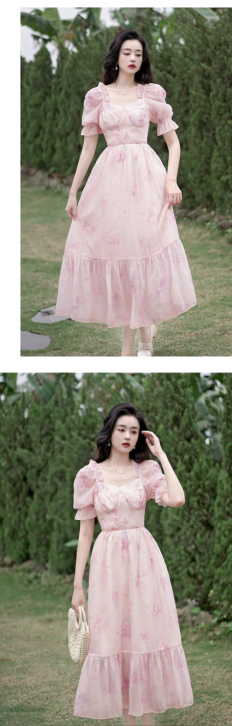 Sweet-French-Style-Pink-Square-Neck-Short-Sleeve-Casual-Dress10
