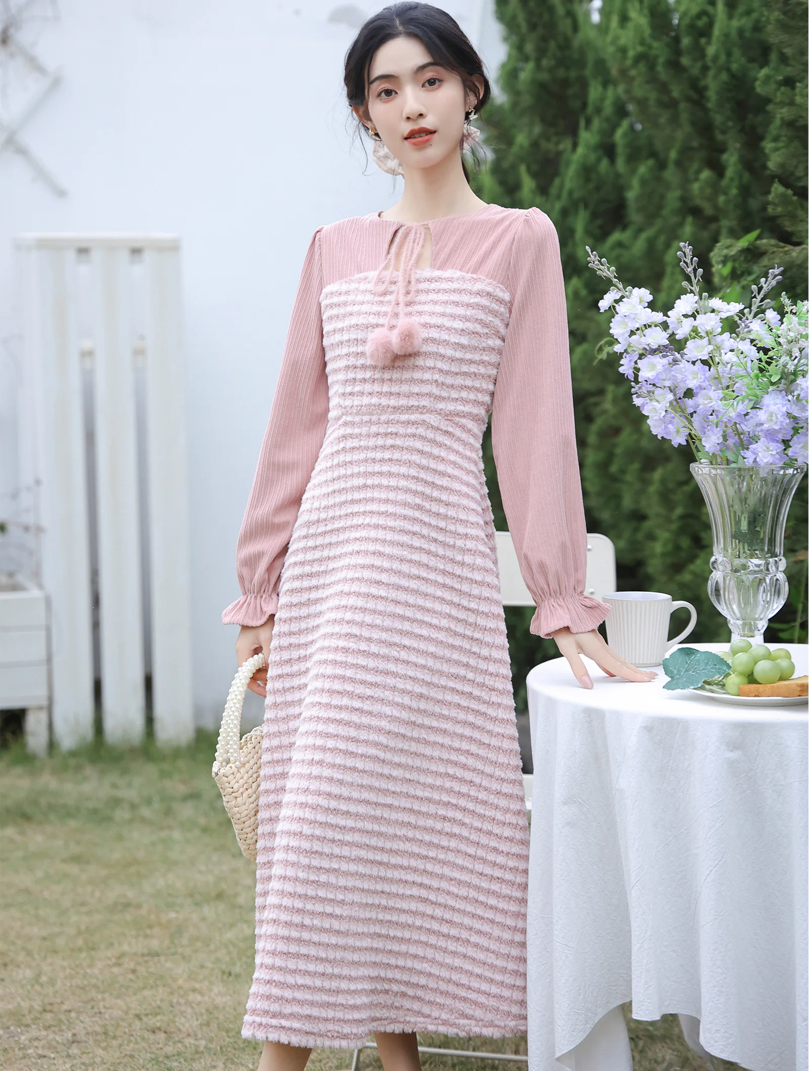 Sweet French Style Striped High Waist Long Sleeve Thick Plush Dress01