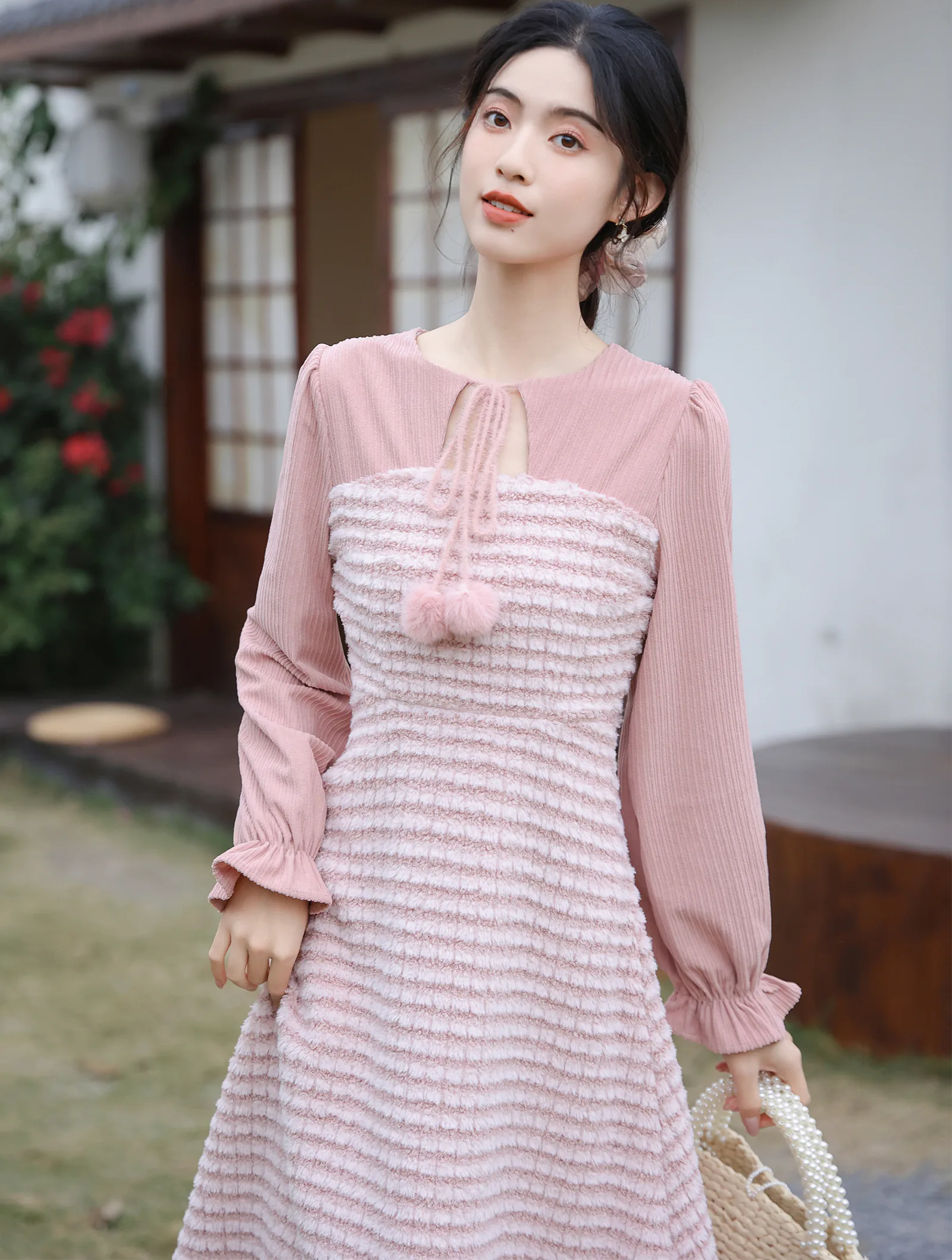 Sweet French Style Striped High Waist Long Sleeve Thick Plush Dress02