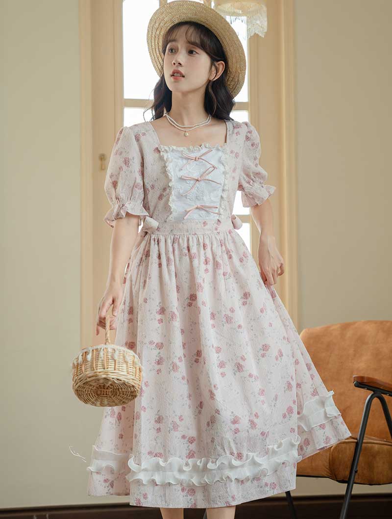 Sweet French Vintage Square Neck Hooked Lace Flower Long Dress01