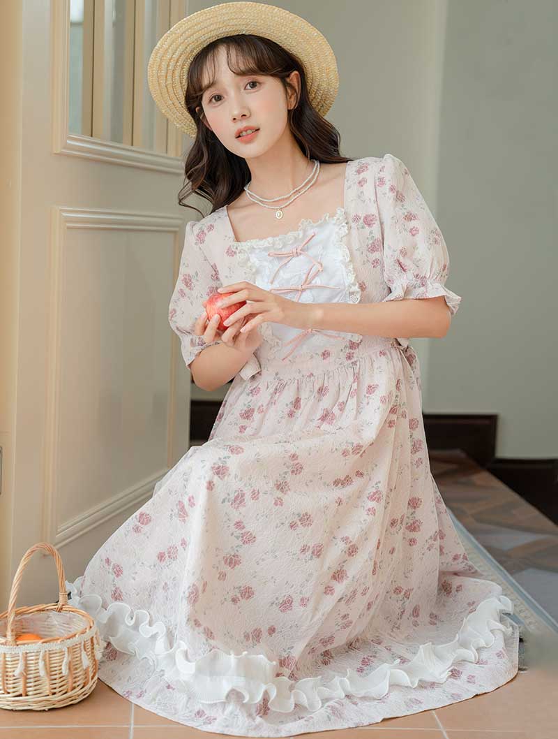Sweet French Vintage Square Neck Hooked Lace Flower Long Dress02