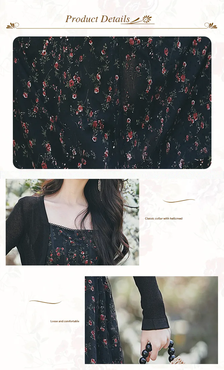 Sweet-Ladies-Black-Floral-Summer-Slip-Casual-Dress-with-Cardigan-Set08