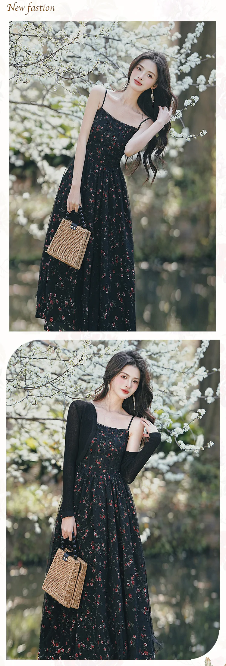 Sweet-Ladies-Black-Floral-Summer-Slip-Casual-Dress-with-Cardigan-Set13