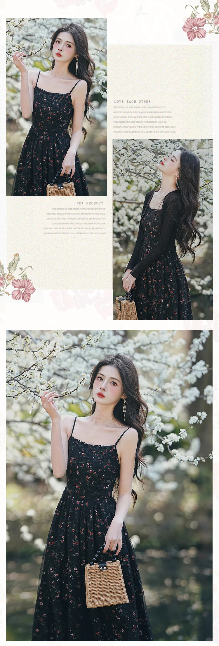 Sweet-Ladies-Black-Floral-Summer-Slip-Casual-Dress-with-Cardigan-Set14