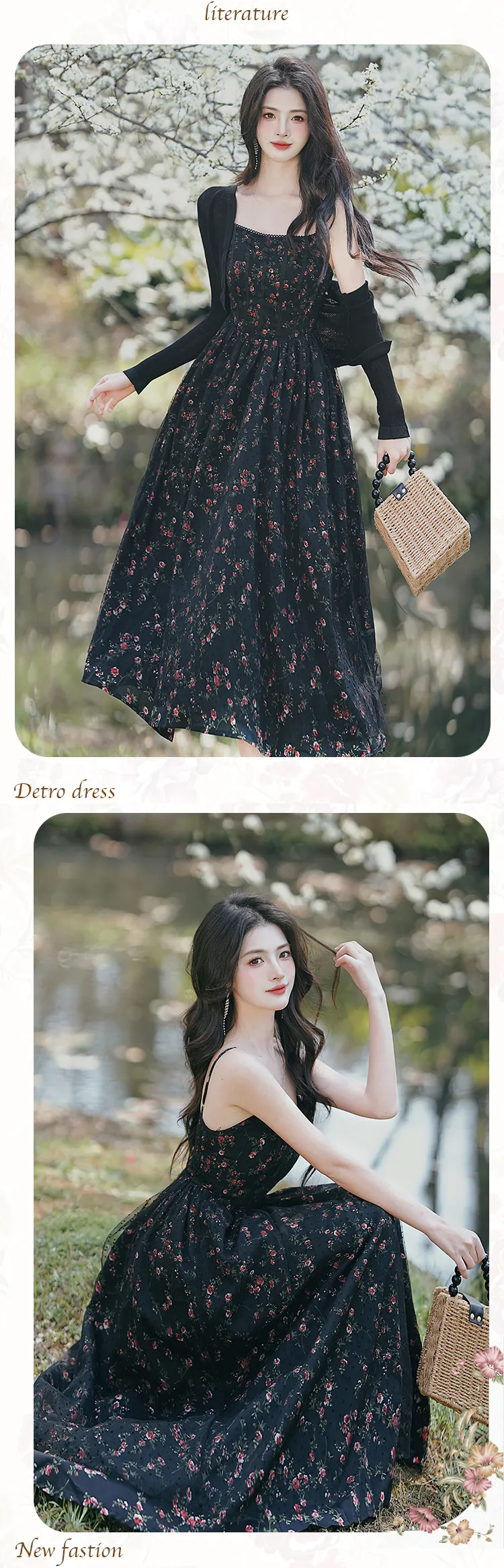 Sweet-Ladies-Black-Floral-Summer-Slip-Casual-Dress-with-Cardigan-Set15
