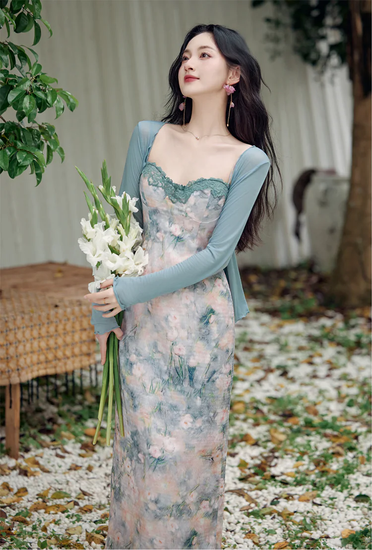 Sweet-Ladies-Green-Oil-Painting-Slip-Dress-with-Tencel-Cardigan-Set07
