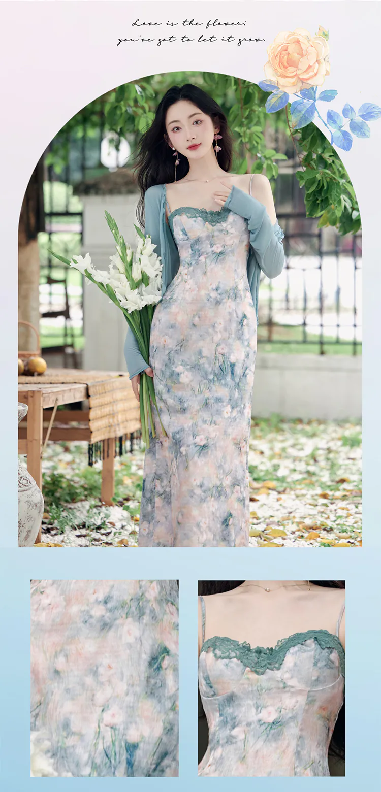 Sweet-Ladies-Green-Oil-Painting-Slip-Dress-with-Tencel-Cardigan-Set08