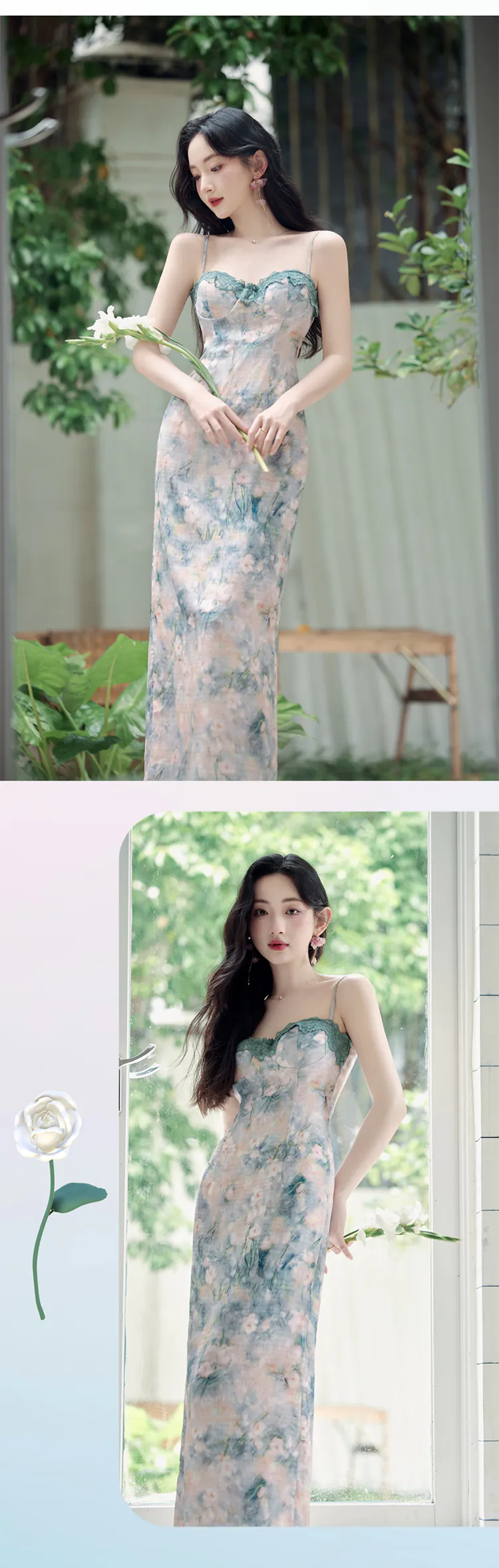 Sweet-Ladies-Green-Oil-Painting-Slip-Dress-with-Tencel-Cardigan-Set11